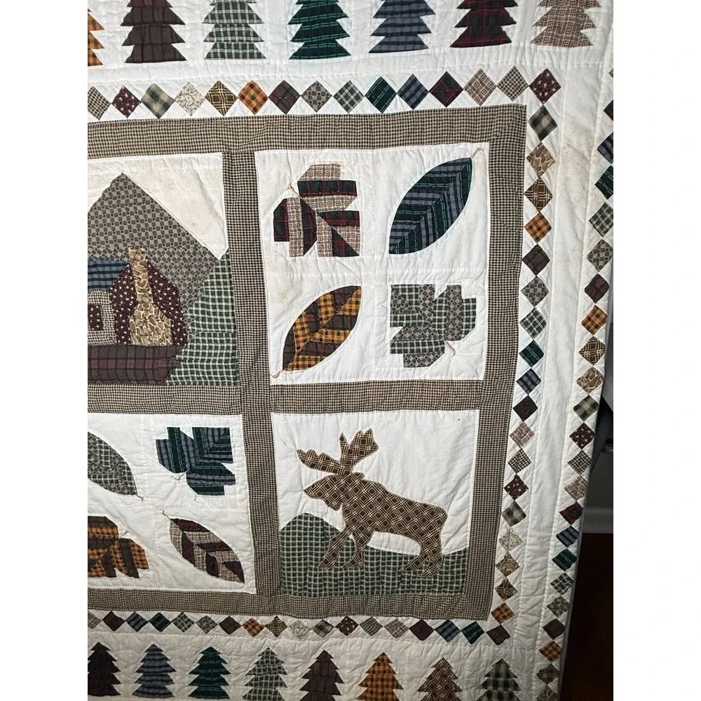 Vintage Patchwork Quilt Rustic Christmas Cabin Moose Lodge-Style Sampler 58x47